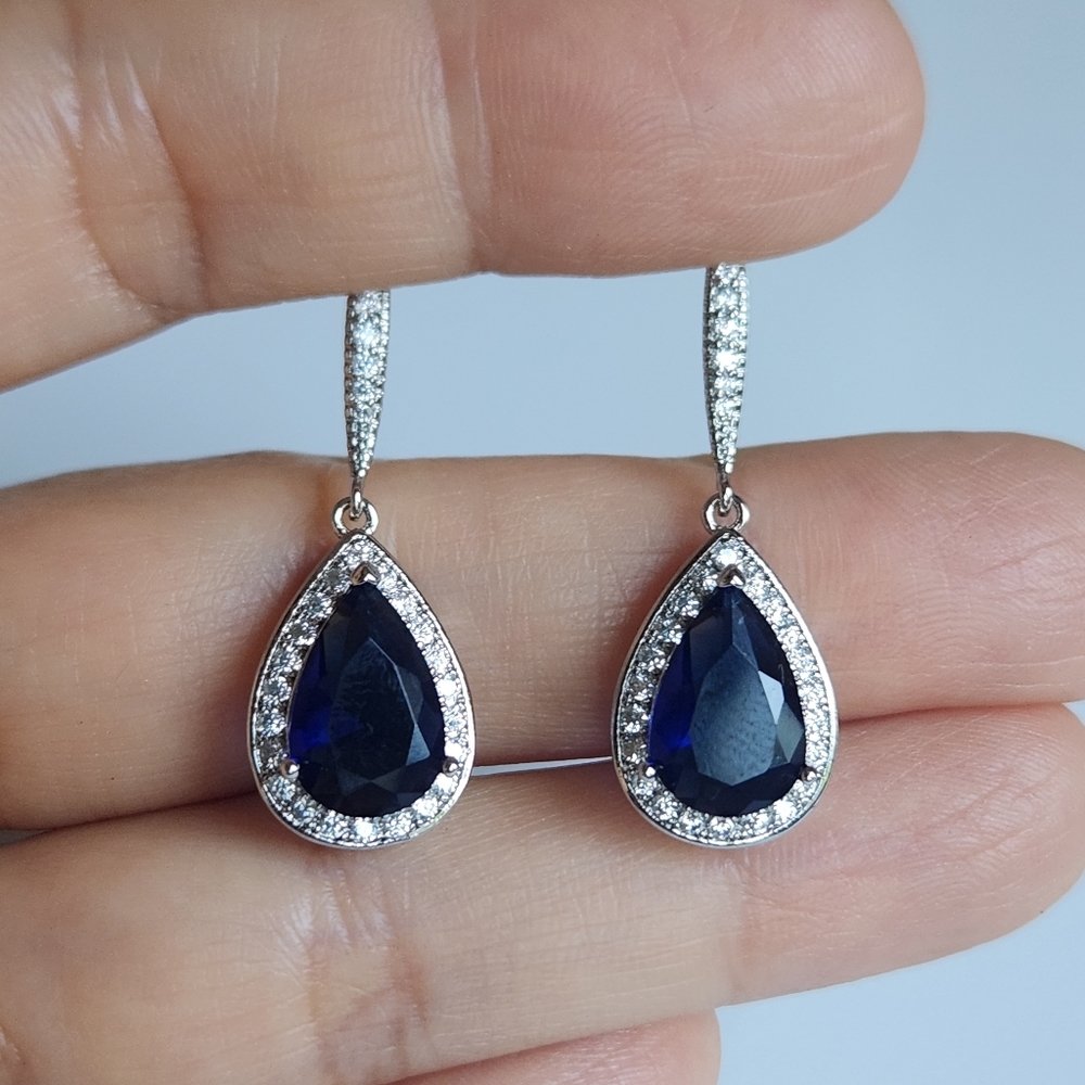 New 925 Silver Pear Cut Blue Sapphire Diamond Dangle Drop Hook Earrings